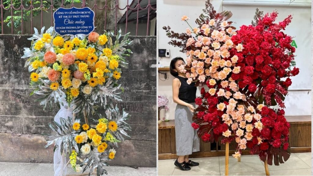 Hoa khai trương công ty với hoa lan và kệ hoa trang trọng