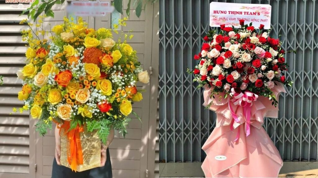 Hoa khai trương nhà hàng với tone vàng cam đỏ