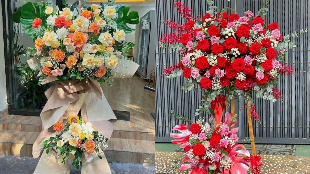 Hoa khai trương spa clinic màu trắng tím pastel