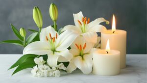 Hoa tang lễ trang trọng với lily cúc trắng và hoa hồng trắng
