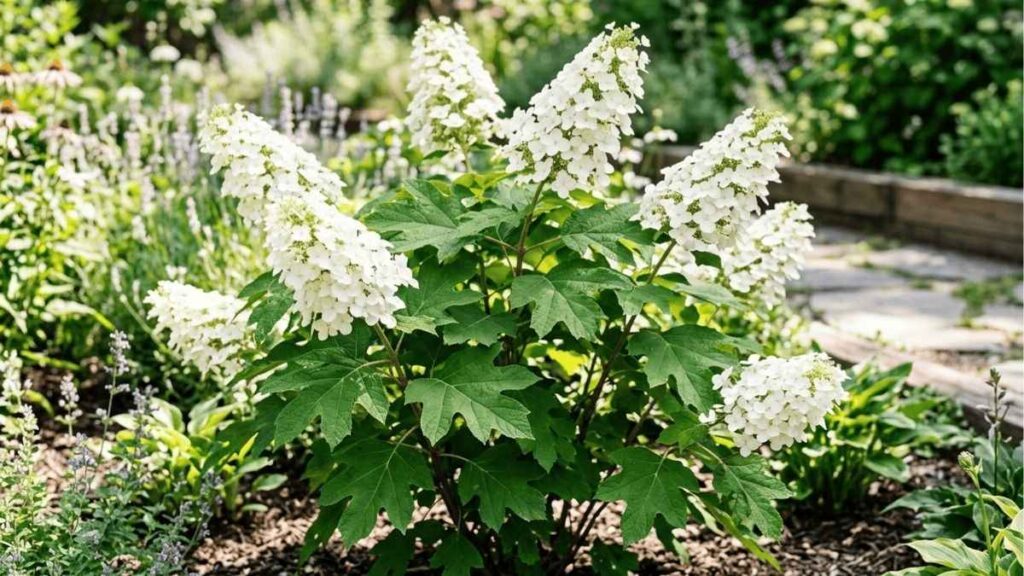 Cây Hydrangea quercifolia có lá chia thùy giống lá sồi và cụm hoa trắng.