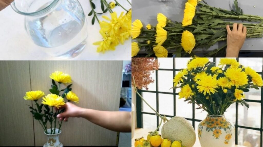 Bình hoa cúc vàng được cắm trang trọng trên bàn thờ gia đình.